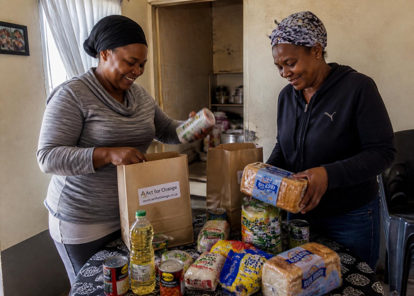 Volunteers packing grocery parcels for families